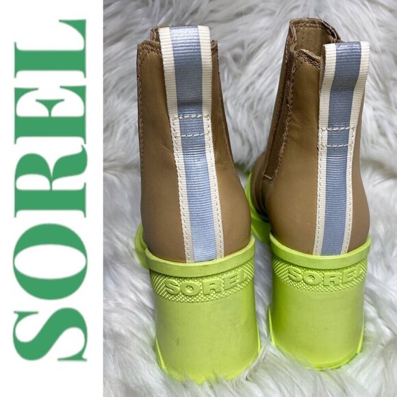 NWOB SOREL Brex Chunky Heel Platform Chelsea Bootie Tan Yellow, Size 6.5 - Picture 6 of 11